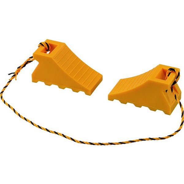 緑十字 タイヤストッパー(輪止め) 大型車用(10t車迄) 黄 5Y 2個組(トラ柄ロープ1.2m連結) 樹脂製