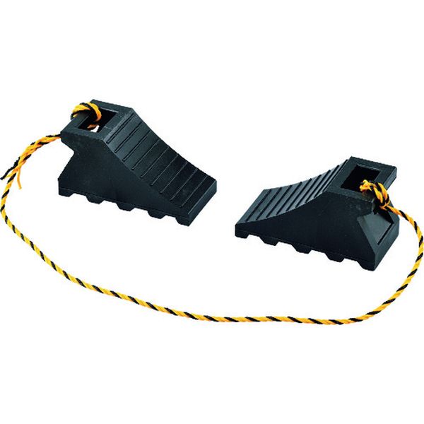 緑十字 タイヤストッパー(輪止め) 大型車用(10t車迄) 黒 5BK 2個組(トラ柄ロープ1.2m連結) 樹脂製