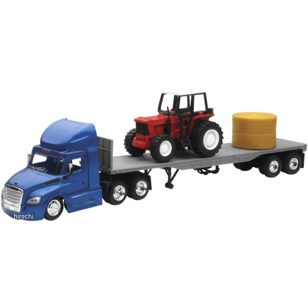 模型 Freightliner Cascadia Flatbed with Farm Tractor and Round Hay Bale 1:43スケール