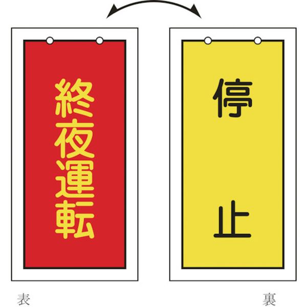 814-9889 バルブ表示札 終夜運転(赤)⇔停止(黄) 特15-76 100×50mm 両面 エンビ
