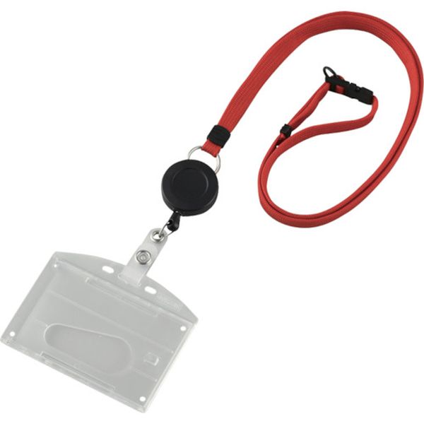 113-2639 吊り下げ名札(リール式ストラップ) クリア/赤 ハードケース 2枚収納式 吊名札346R