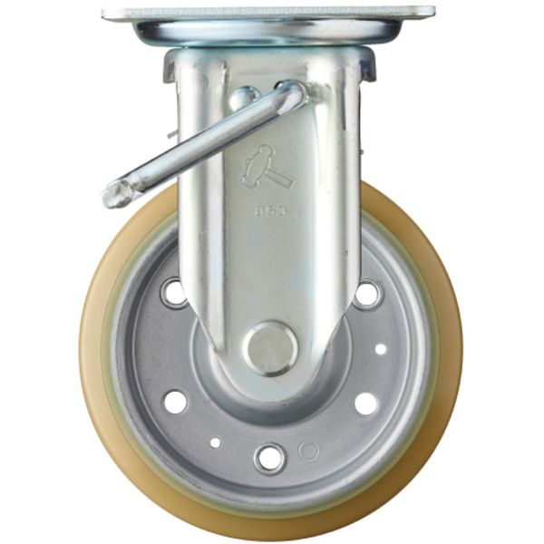 プレート式キャスター 固定(ストッパー付) 車輪径150mm ウレタン車輪(スチールホイール・ラジアルボールベアリング)