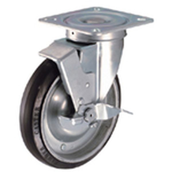 プレート式キャスター 自在(ストッパー付) ゴム車輪(ラジアルボールベアリング入) 車輪径200mm 400S型