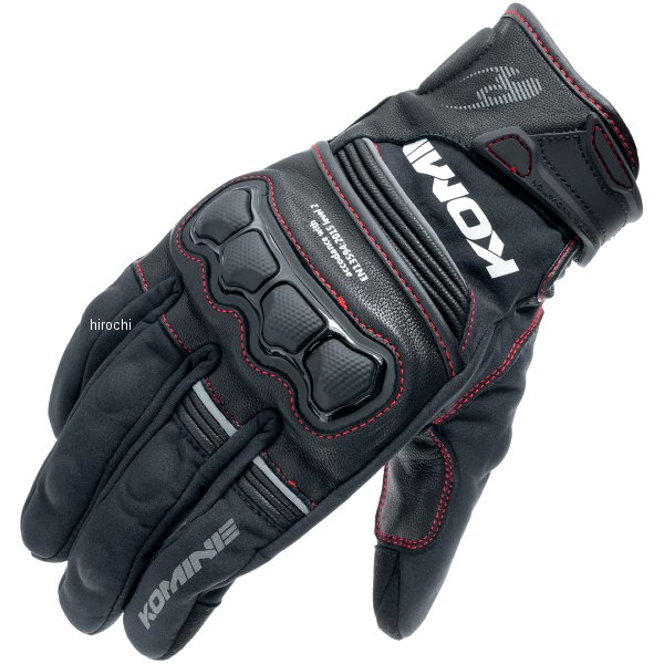 KOMINE 秋冬モデル ハイプロテクトレザーウインドプルーフグローブHG 黒/赤 Lサイズ