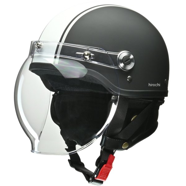 『New』 ハーフヘルメット クロス バブルシールド付き マットブラック×白 フリーサイズ(57cm-60cm)