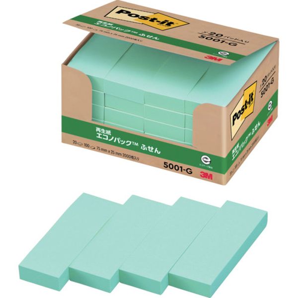 5001G 828-3396  ポスト・イット 75X25mm 100枚X20パッド グリーン