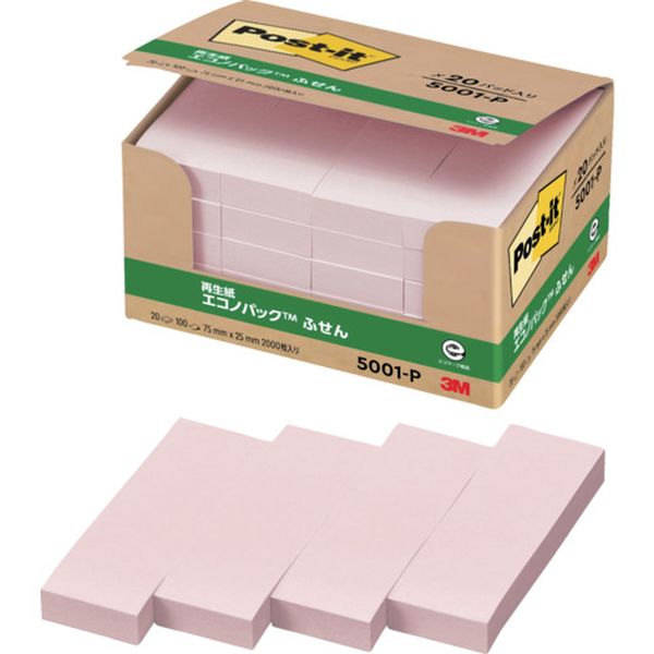 5001P 828-3398  ポスト・イット 75X25mm 100枚X20パッド ピンク