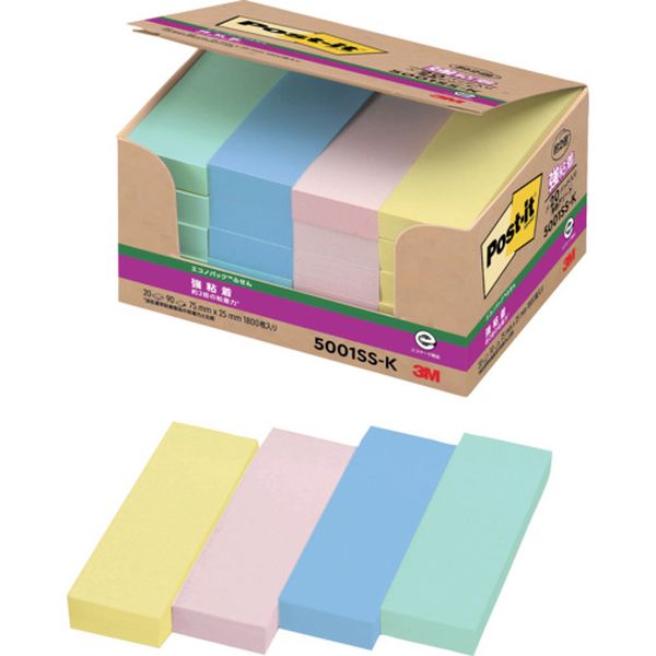 5001SSK 542-1039  ポスト・イット 強粘着 75X25mm 90枚X20パッド 4色混色