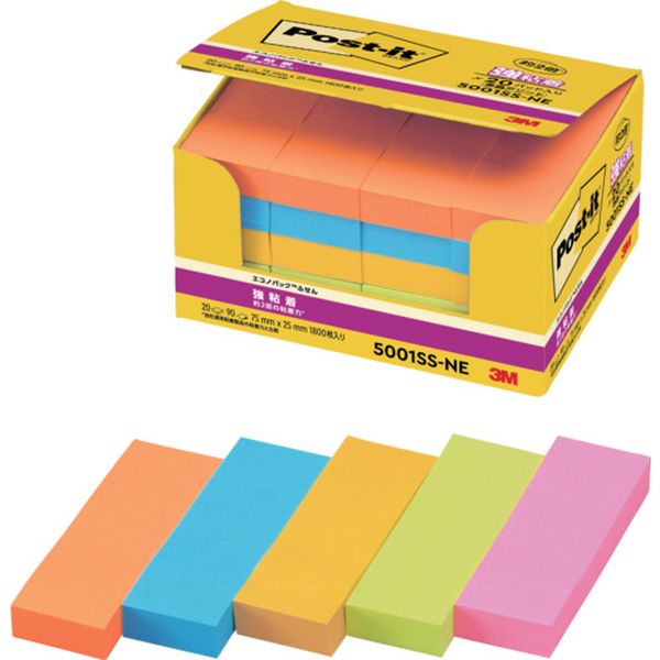 5001SSNE  ポスト・イット 強粘着 75X25mm 90枚X20パッド 5色混色