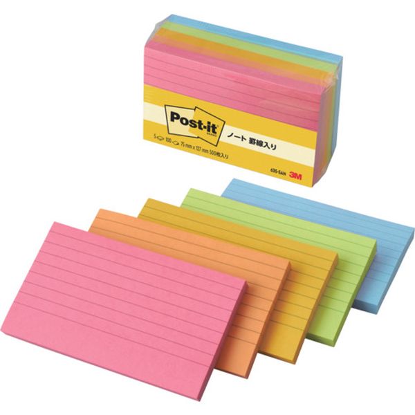 6355AN  ふせん ポスト・イット 罫線入り 75X127mm 100枚X5パッド 5色混色