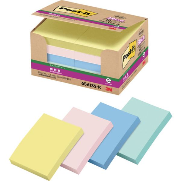 6561SSK 835-5141  ポスト・イット 強粘着 75X50mm 90枚X10パッド 4色混色