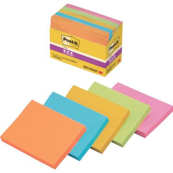 6575SSAN  ポスト・イット 強粘着 75X100mm 90枚X5パッド 5色混色