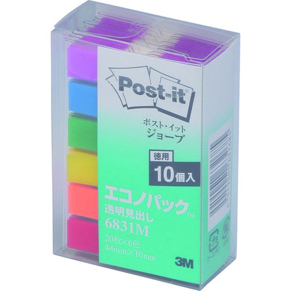 ポスト・イット ジョーブ透明見出し エコノパック 44X10mm 120枚X10パッド 6色混色