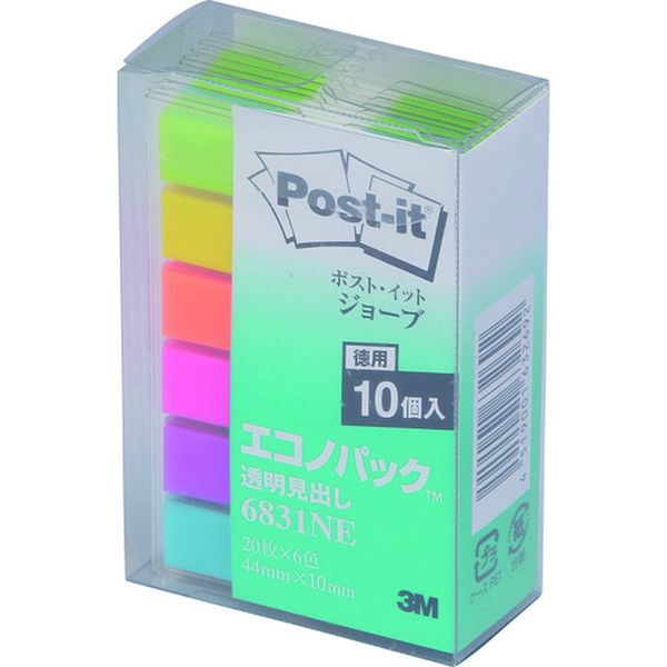 ポスト・イット ジョーブ透明見出し エコノパック 44X10mm 120枚X10パッド 6色混色