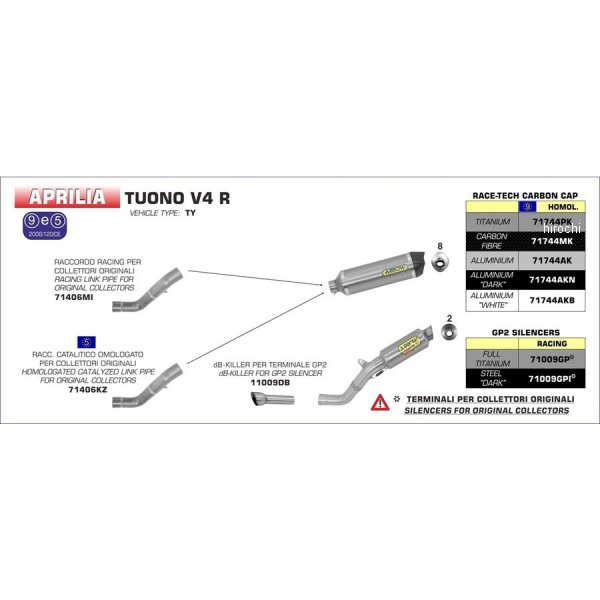 スリップオンマフラー GP2 11年-15年 Aprilia TUONOV4R、V4RAPRC チタン