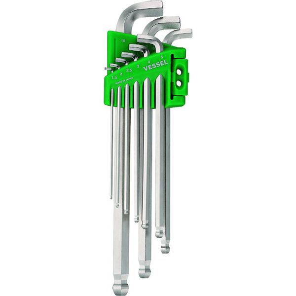 本締めボールポイントレンチ短軸仕様9本組  対辺1.5、2、2.5、3、4、5、6、8、10