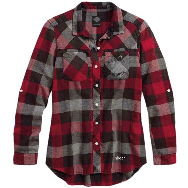 ハーレー純正 新品 長袖 シャツ ブラックレーベル ロールタブスリーブ プレイド レディース 赤 Mサイズ