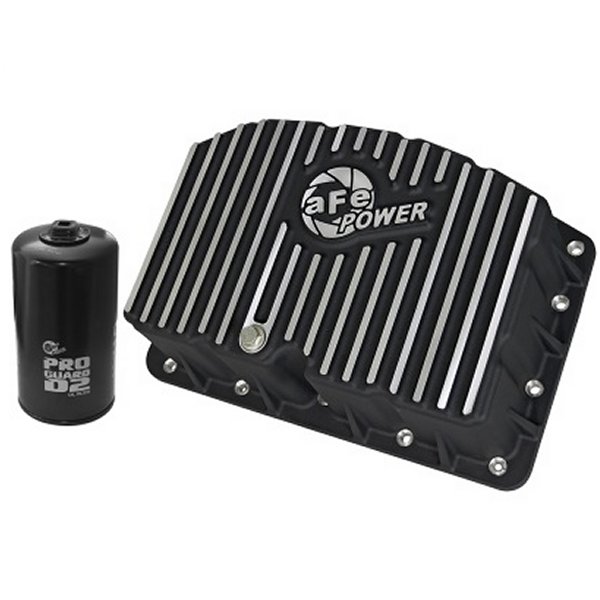AFE Proシリーズ エンジンオイル Pan ブラック w/Machined Fins; 11-16 フォード Powerstroke V8-6.7L (td)