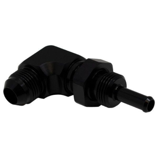 8AN Male Flare to 5/16in Male Barb Bulkhead Adapter 90-Degree - Anodized Matte Black