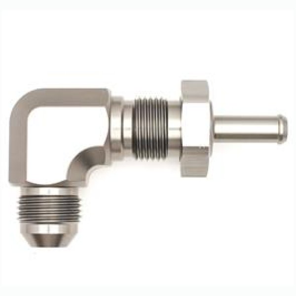 8AN Male Flare To 5/16in. Male Barb Bulkhead Adapter 90-Degree (Incl. Nut)