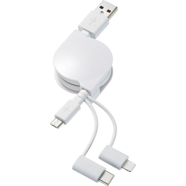サンワサプライ SANWA ライトニング・Type-C・microB巻取りUSB3in1ケーブル0.8m