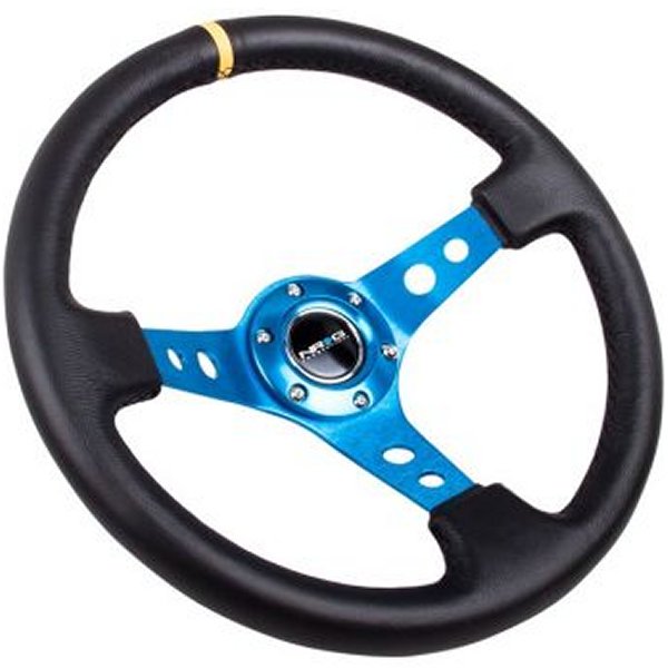 Reinforced ステアリングホイール (350mm / 3in. Deep) Blk Leather w/Blue Cutout Spoke & Single Yellow CM