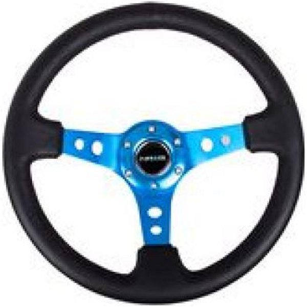Reinforced ステアリングホイール (350mm / 3in. Deep) Blk Leather w/Blue Circle Cutout Spokes