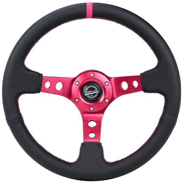 Reinforced ステアリングホイール (350mm/3in. Deep) ブラック Leather/ Fushia Center Mark/ Fushia Stitching