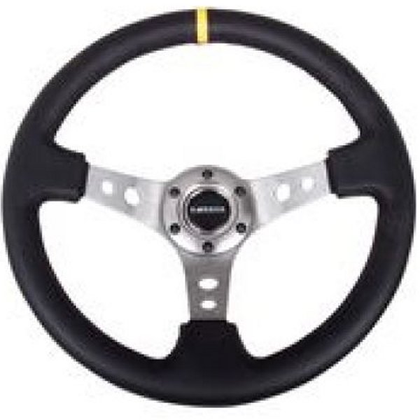 Reinforced ステアリングホイール (350mm / 3in. Deep) Blk Leather w/Gunmetal Cutout Spoke & Yellow CM