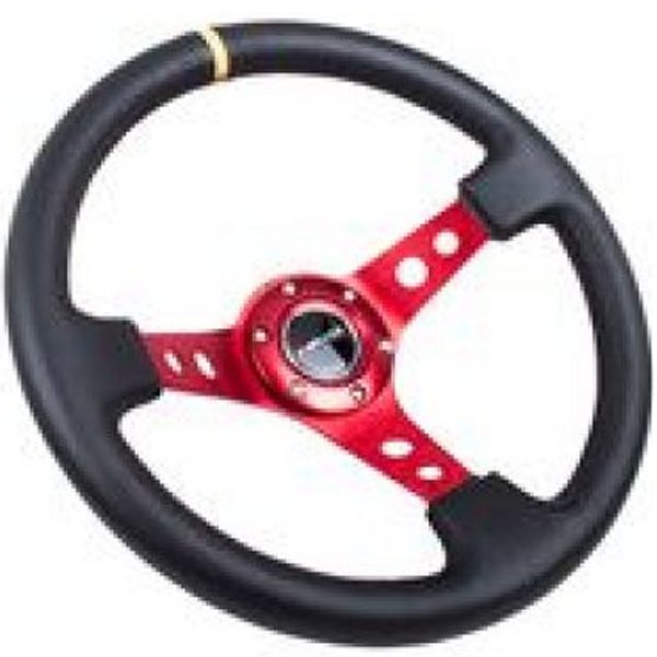 Reinforced ステアリングホイール (350mm / 3in. Deep) Blk Leather w/Red Spokes & Sgl Yellow Center Mark