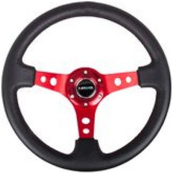 Reinforced ステアリングホイール (350mm / 3in. Deep) Blk Leather w/Red Circle Cutout Spokes