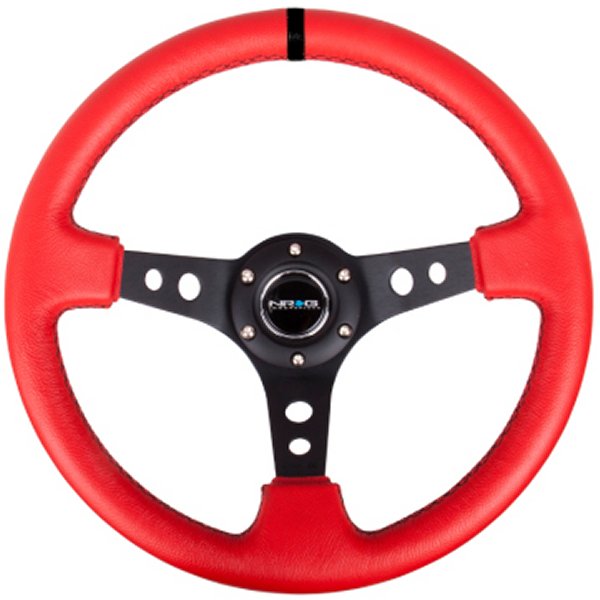 Reinforced ステアリングホイール (350mm / 3in. Deep) Red Suede w/Blk Circle Cutout Spokes