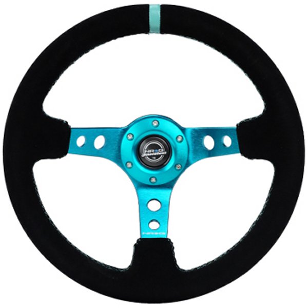 Reinforced ステアリングホイール (350mm/ 3in. Deep) ブラックスウェード/ Teal Center Mark/ Teal Stitching