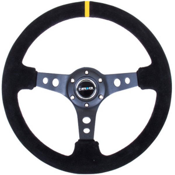 Reinforced ステアリングホイール (350mm / 3in. Deep) Blk Suede w/Circle Cut Spokes & Single Yellow CM