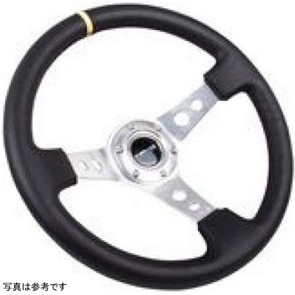 Reinforced ステアリングホイール (350mm / 3in. Deep) Blk Leather w/Circle Cut Spokes & Single Yellow CM