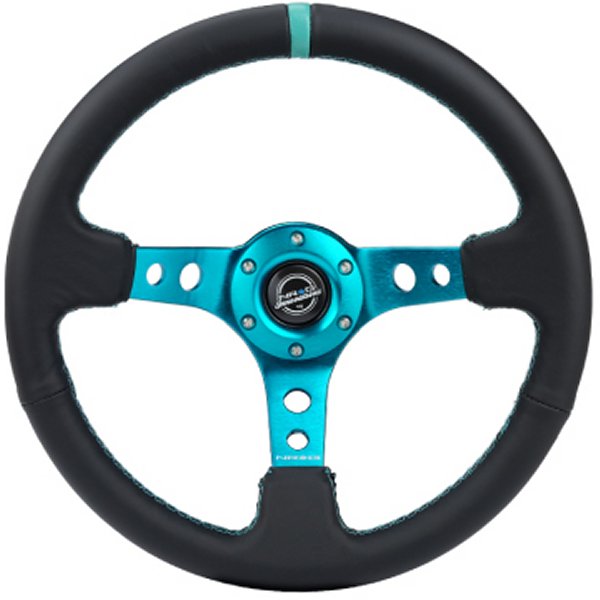 Reinforce ステアリングホイール (350mm / 3in. Deep) Blk Leather, Teal Center Mark w/ Teal Stitching