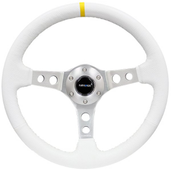 Reinforced ステアリングホイール (350mm / 3in. Deep) Wht Leather w/Silver Spoke & Single Yellow Mark