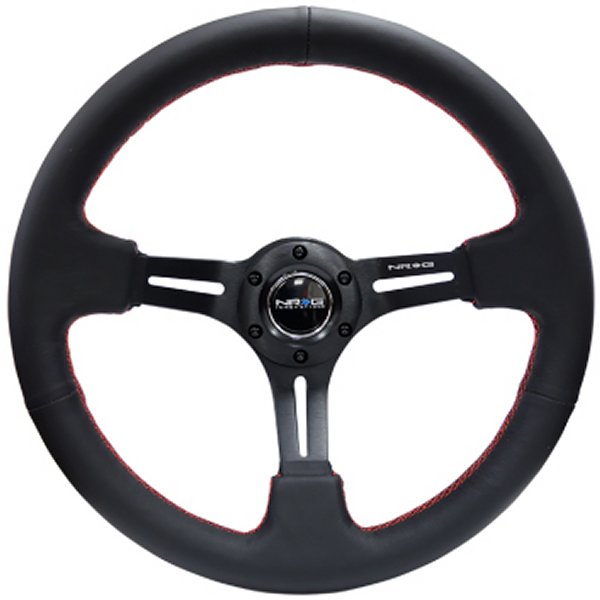Reinforced ステアリングホイール (350mm / 3in. Deep) ブラック Leather/Red Stitch & Blk 3-Spoke w/Slits