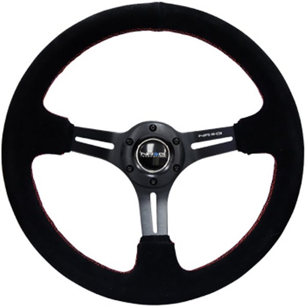 Reinforced ステアリングホイール (350mm / 3in. Deep) Blk Suede w/Red Stitching & 5mm Spokes w/Slits