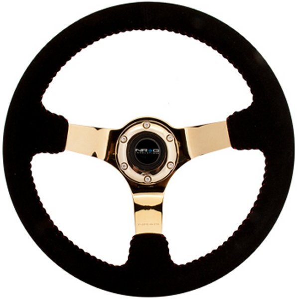 Reinforced ステアリングホイール (350mm / 3in. Deep) Blk Suede w/Red BBall Stitch & クローム Gold 3-Spoke