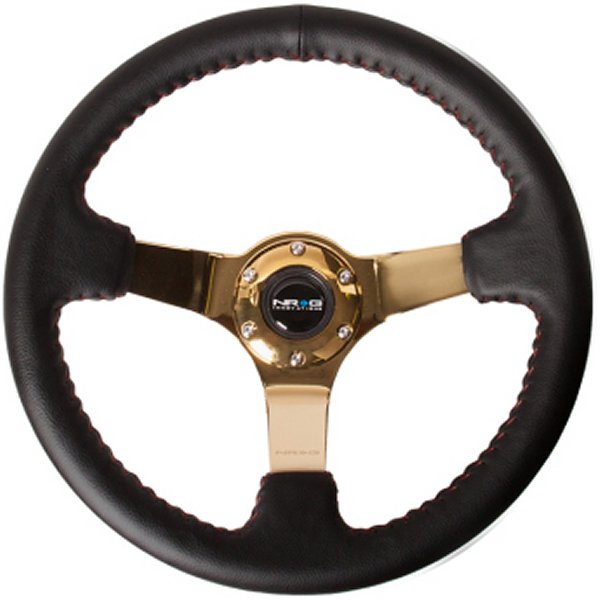 Reinforced ステアリングホイール (350mm / 3in. Deep) Blk Leather/Red BBall Stitch w/4mm Gold Spokes