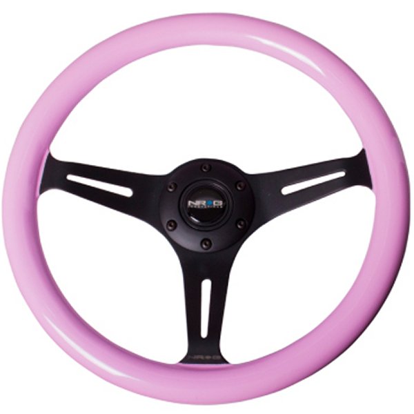 Classic Wood Grain ステアリングホイール (350mm) Solid Pink Painted Grip w/ブラック 3-Spoke Center