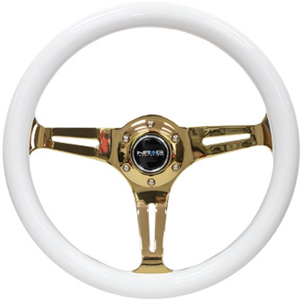 Classic Wood Grain ステアリングホイール (350mm) ホワイト Grip w/Chrome Gold 3-Spoke Center