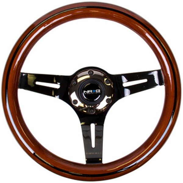 Classic Wood Grain ステアリングホイール (310mm) Dark Wood & ブラック Line Inlay w/Blk クローム 3-Spoke Ctr.