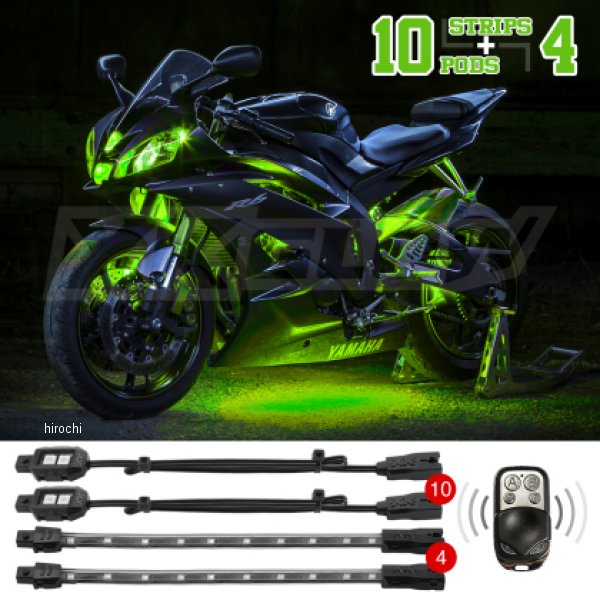 XK Glow Strips シングル Color  LED Accent Light Motorcycle Kit グリーン 10xPod + 4x8In
