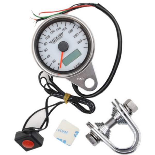 電子スピードメーター、オド/トリップメーター付き(240km/h) 2.37インチ(60mm) ポリッシュ/白