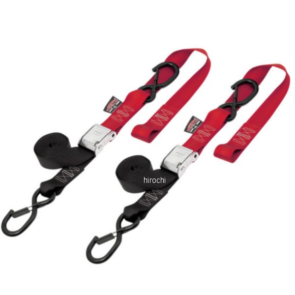 パワータイ 幅1.5インチ(38mm) カムバックル セフティー ラッチフック付き6.5フィート(1.98m) 黒/赤 (左右ペア)