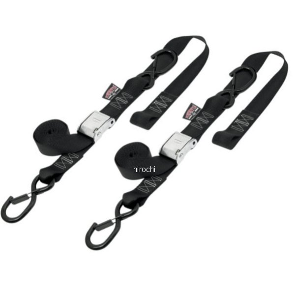 パワータイ 幅1.5インチ(38mm) カムバックル セフティー ラッチフック付き6.5フィート(1.98m) 黒/黒 (左右ペア)