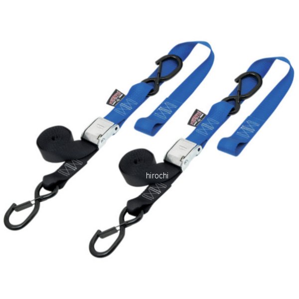 パワータイ 幅1.5インチ(38mm) カムバックル セフティー ラッチフック付き6.5フィート(1.98m) 黒/青 (左右ペア)