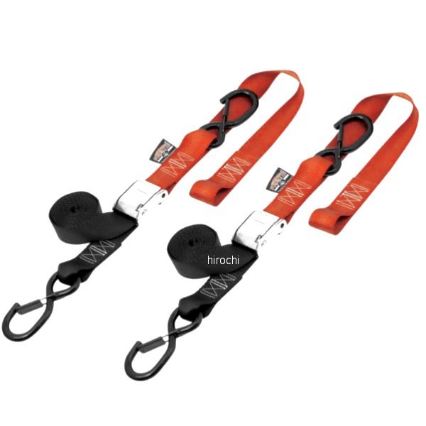 パワータイ 幅1.5インチ(38mm) カムバックル セフティー ラッチフック付き6.5フィート(1.98m) 黒/オレンジ (左右ペア)